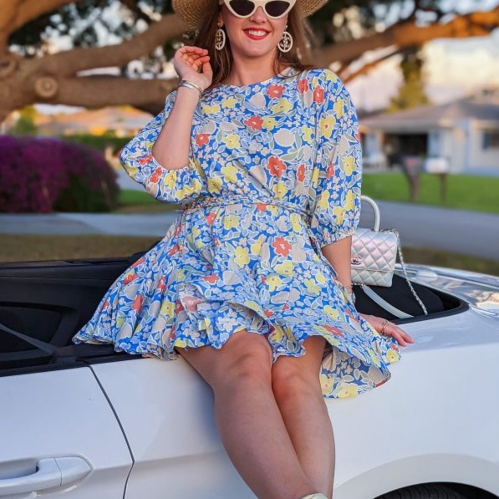 Aakaa Blue Floral Mini Dress with Yellow & Coral Blooms
